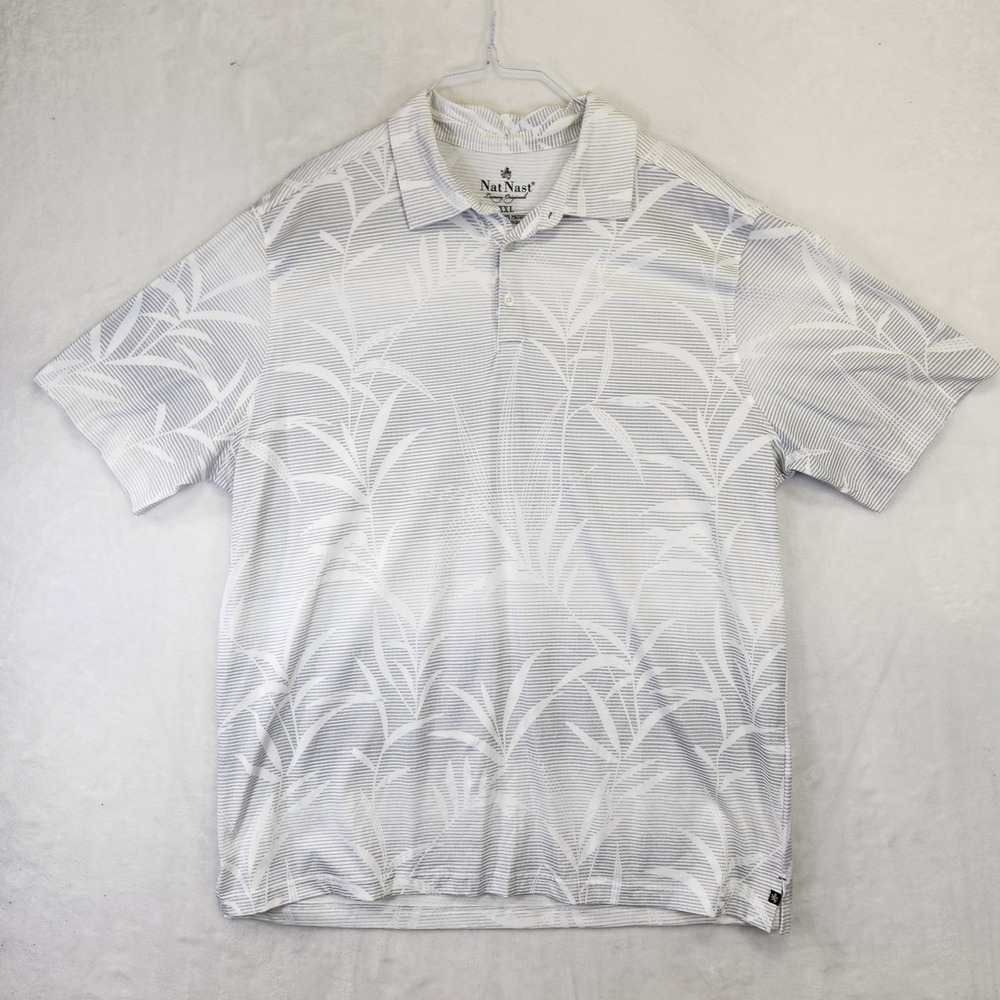 Nat Nast Luxury Originals Mens XXL Grey White Striped Leaf Print Polo Shirt